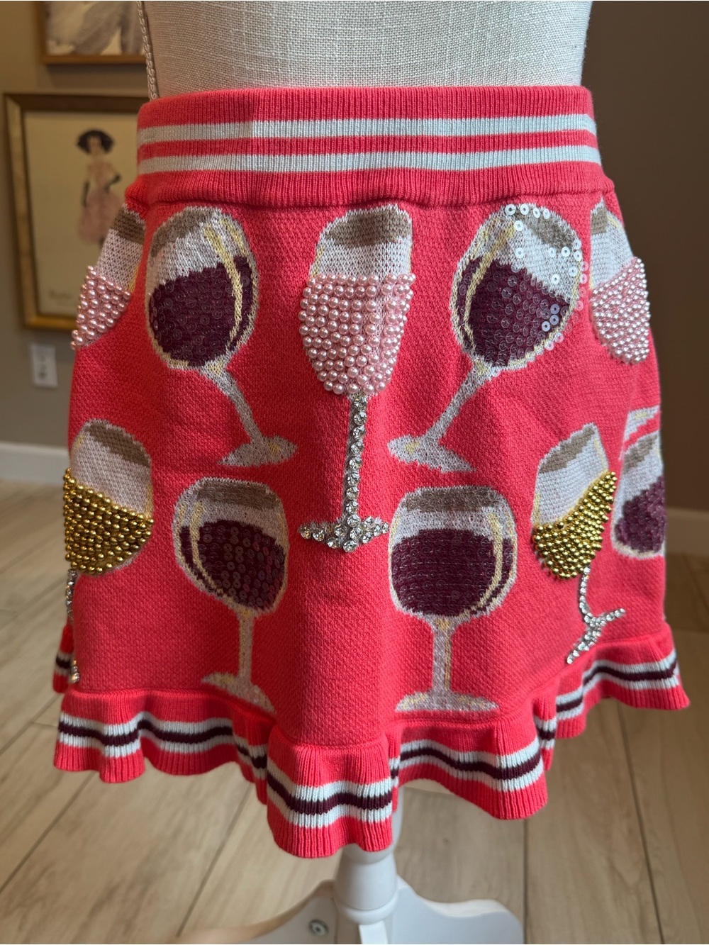 NWOT! QUEEN OF SPARKLES Coral Knit Sequin Wine Glass Mini Skirt